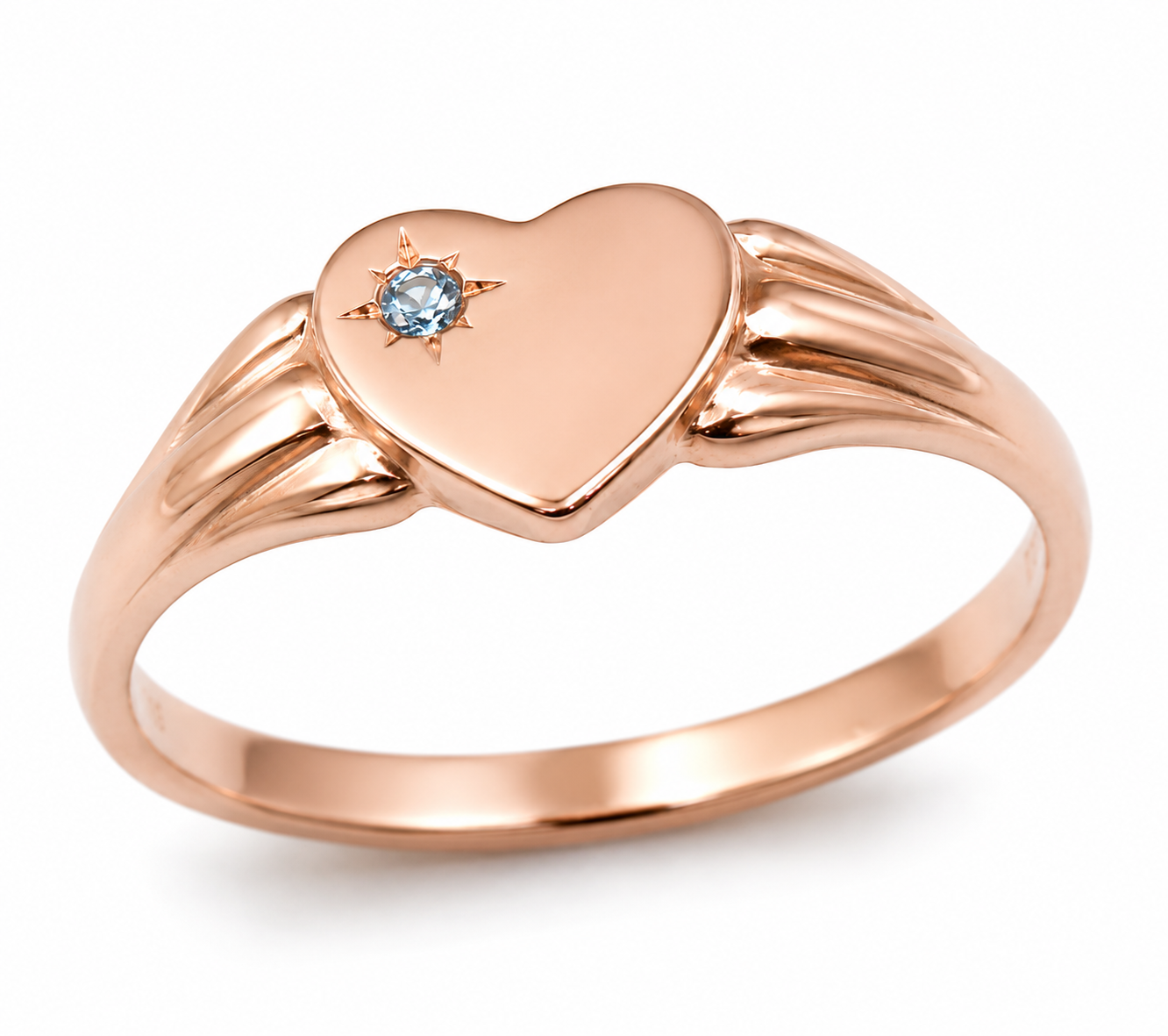 Genuine 9ct 9k 375 Yellow, Rose or White Gold Blue Topaz Heart Signet Ring - July Birthstone 324