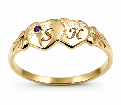 Genuine 9ct 9k 375 Yellow Gold Double Heart Yellow Purple Amethyst February Birthstone Signet Ring In your size + Engraving