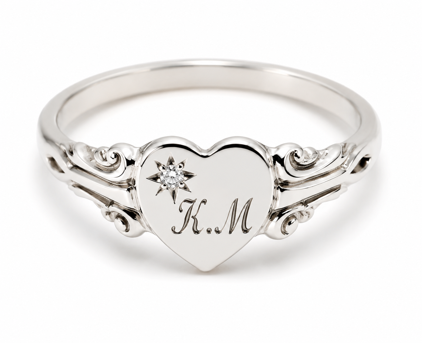 Sterling Silver 925 Heart Diamond Set Signet Ring Size N Engraved With 2 Initial - Choose your ring size - H to N