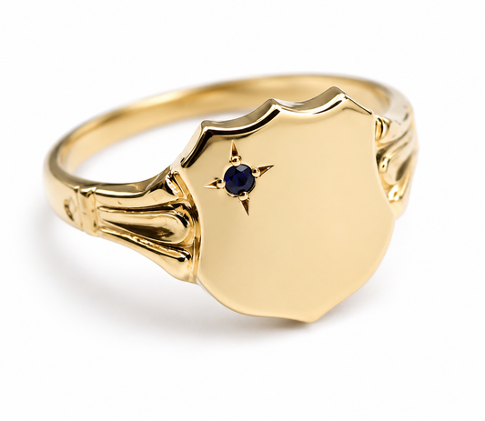 Genuine 9ct 9k 375 Solid Yellow, Rose or White Gold Large Blue Sapphire Shield Signet - Choose your size