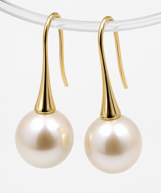 Genuine 9ct 9K 375 Yellow, Rose or White Gold Round White Freshwater Pearl Long Hook Earrings