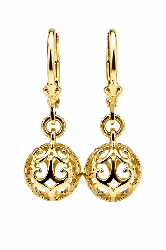 Genuine 9ct 9k 375 Yellow, Rose or White Gold 10mm Filigree Ball Hook Continental Earrings
