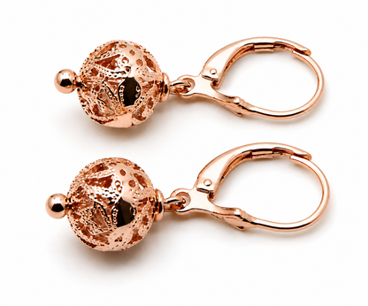 Genuine 9k 9ct 375 Yellow, Rose or White Gold 10mm Filigree Ball Spinner Earrings With Continental Hooks