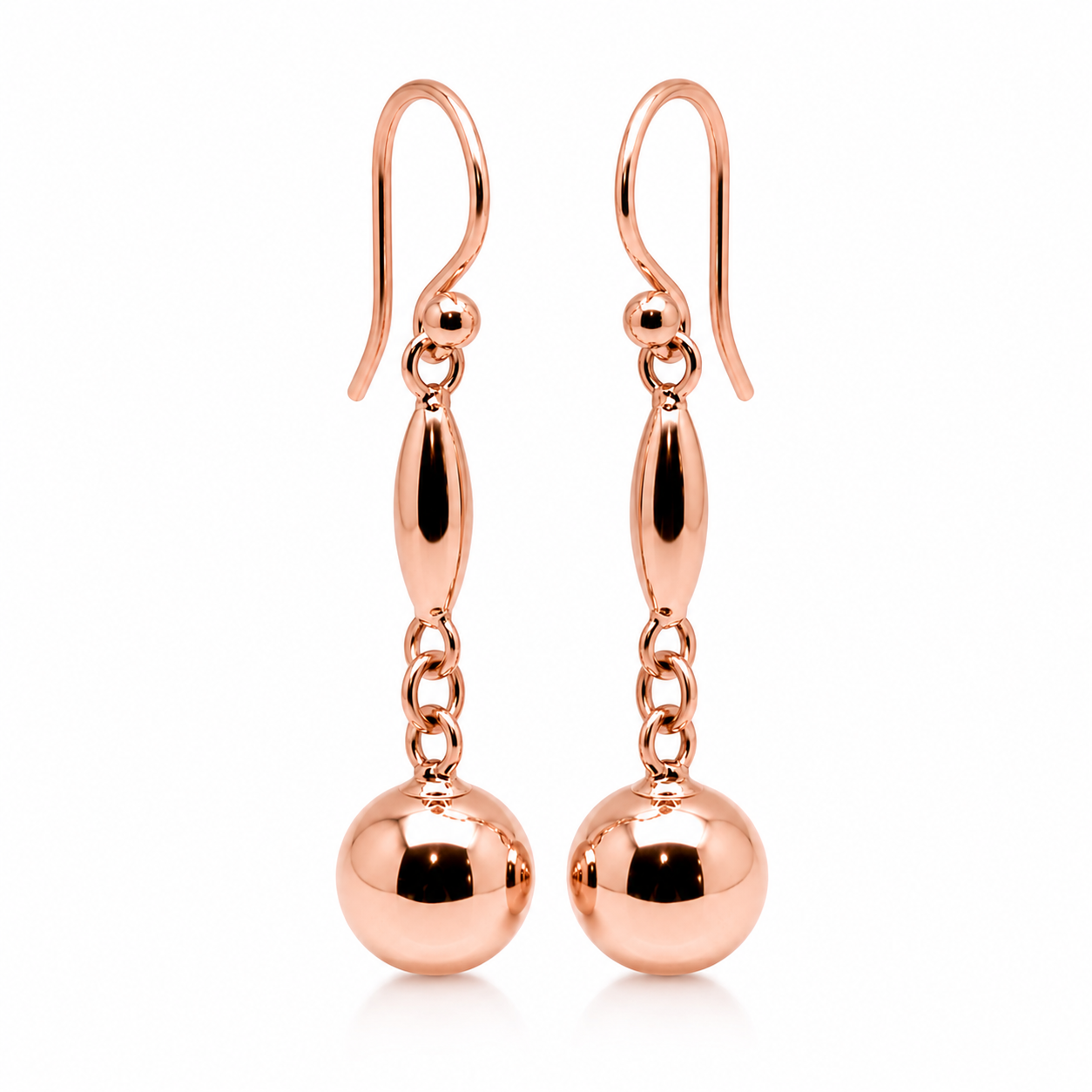 Kaedesigns, 9ct 9kt 375 Yellow Or White Or Rose Gold 8mm Ball Long Drop Earrings