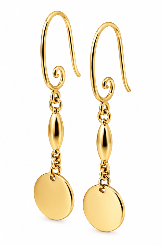 Genuine 9ct 9k 375 Yellow, Rose or White Gold Earrings Disc Drop Swirl Hook Earrings