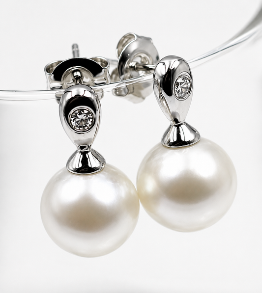 Sterling Silver 925 10mm Shell Pearl Ball Drop CZ Earrings