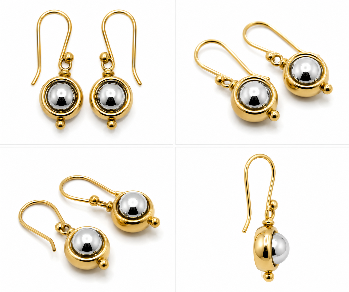 Genuine 9ct 9kt White & Yellow Gold Spinning Belcher Ball Drop Earrings