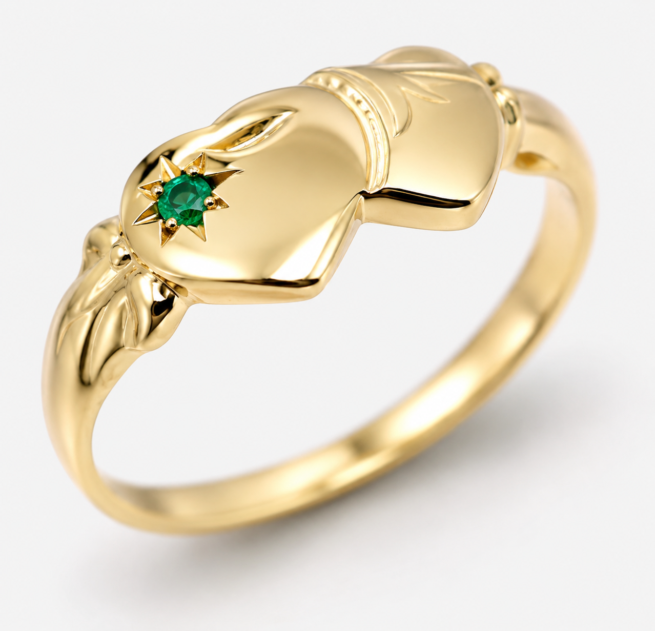 Genuine 9ct 9k 375 Yellow, Rose or White Gold Double Heart Green Emerald Signet Ring May birthstone