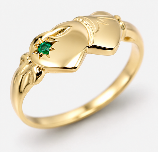 Genuine 9ct 9k 375 Yellow, Rose or White Gold Double Heart Green Emerald Signet Ring May birthstone