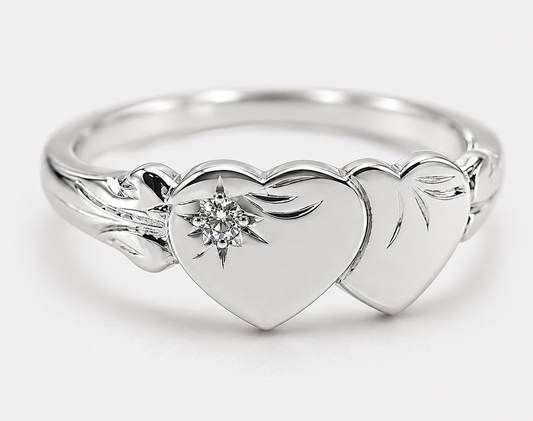 Size L, Genuine 9ct 9k Yellow, Rose or White Gold Double Heart Cubic Zirconia Signet Ring