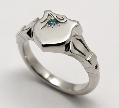 Genuine Solid 9ct 9kt White Gold Shield Signet Ring Set With Aqua Blue Cz