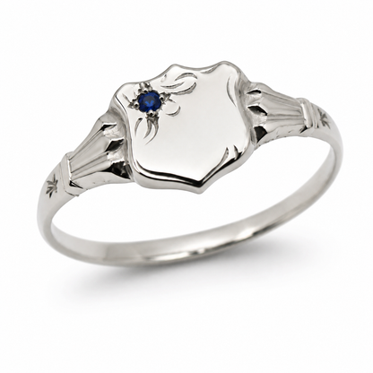 Kaedesigns, Genuine Childs Solid 9ct Blue Sapphire White Gold Shield Signet Ring
