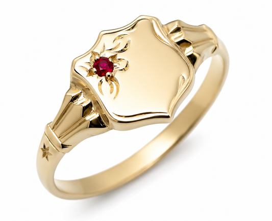 Size L 1/2 Genuine 9ct Small Yellow, Rose or White Gold Childs Ruby Shield Signet Ring