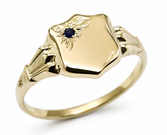 Genuine 9ct Small Yellow Gold Blue Sapphire Shield Signet Ring - Choose your ring size