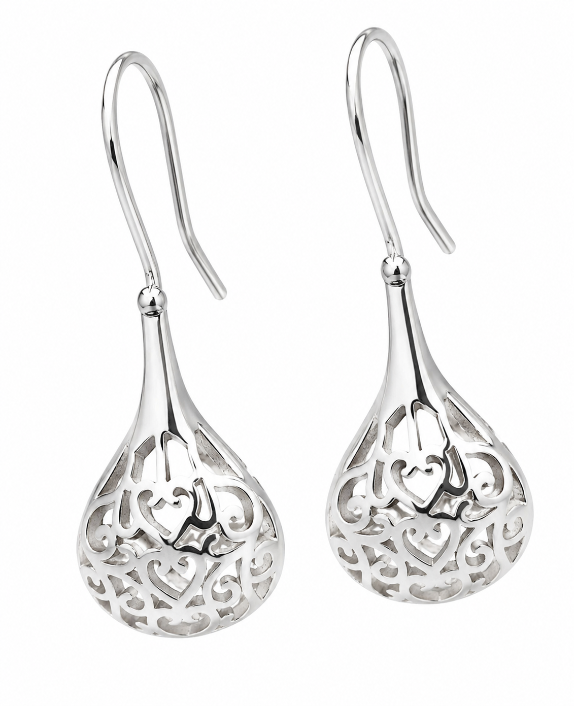 Sterling Silver 925 Puff Filigree Teardrop Heart Earrings