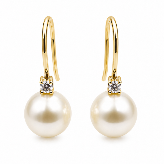 Genuine 9ct 9k 375 Yellow Gold Diamond Set Cultured Pearl Ball Drop Earrings