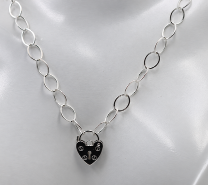 Sterling Silver 45cm Fine Link Chain Necklace + Screw Heart Padlock