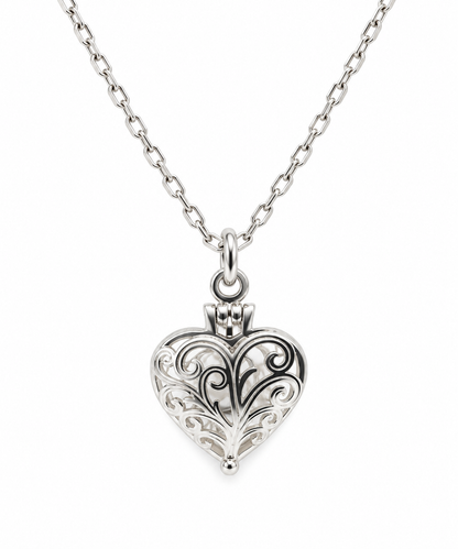 Sterling Silver 925 Heart Filigree Locket Pendant Diamond Cut Cable Chain