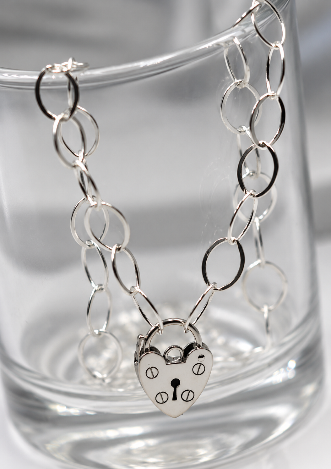 Sterling Silver 45cm Fine Link Chain Necklace + Screw Heart Padlock