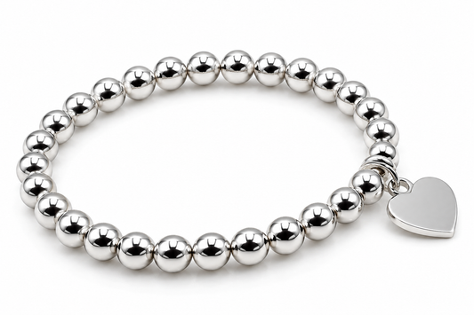 Sterling Silver 925 6mm Bead Ball Elastic Bracelet with 14mm Heart