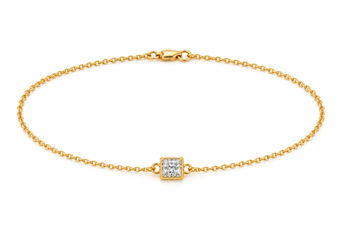 Genuine 9ct 9k 375 Yellow, Rose or White Gold Certified Lab Grown 1.2ct Diamond Princess Cut Belcher 20cm Bracelet