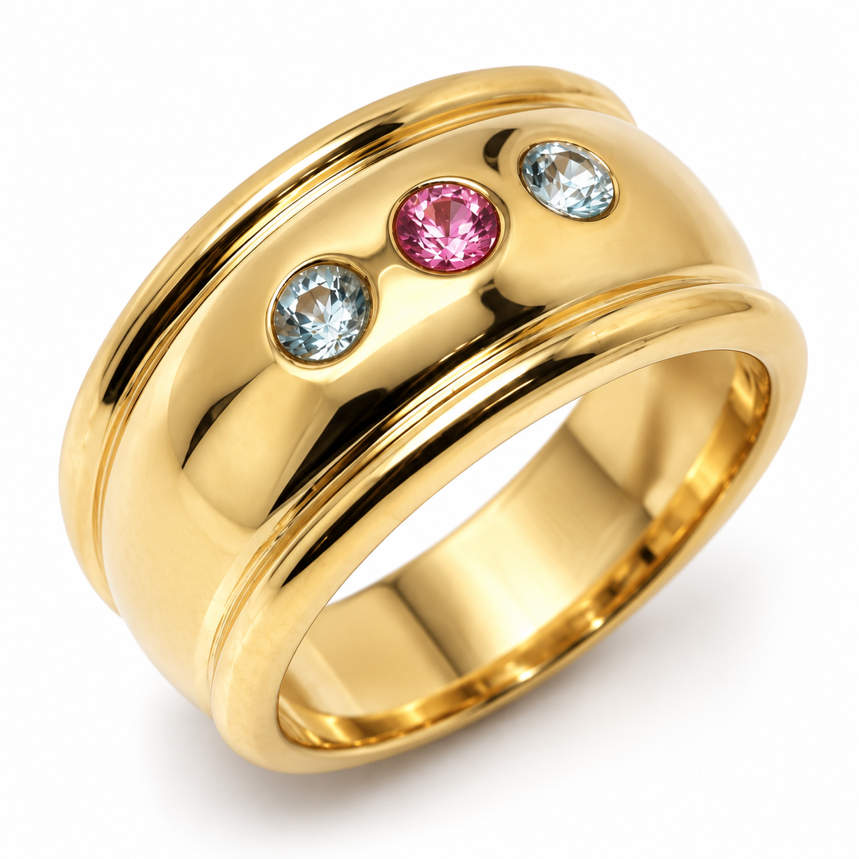 Genuine 9ct 9k 375 Full Solid Yellow Gold Aquamarine + Pink Sapphire Thick Dome Ring 10mm Wide