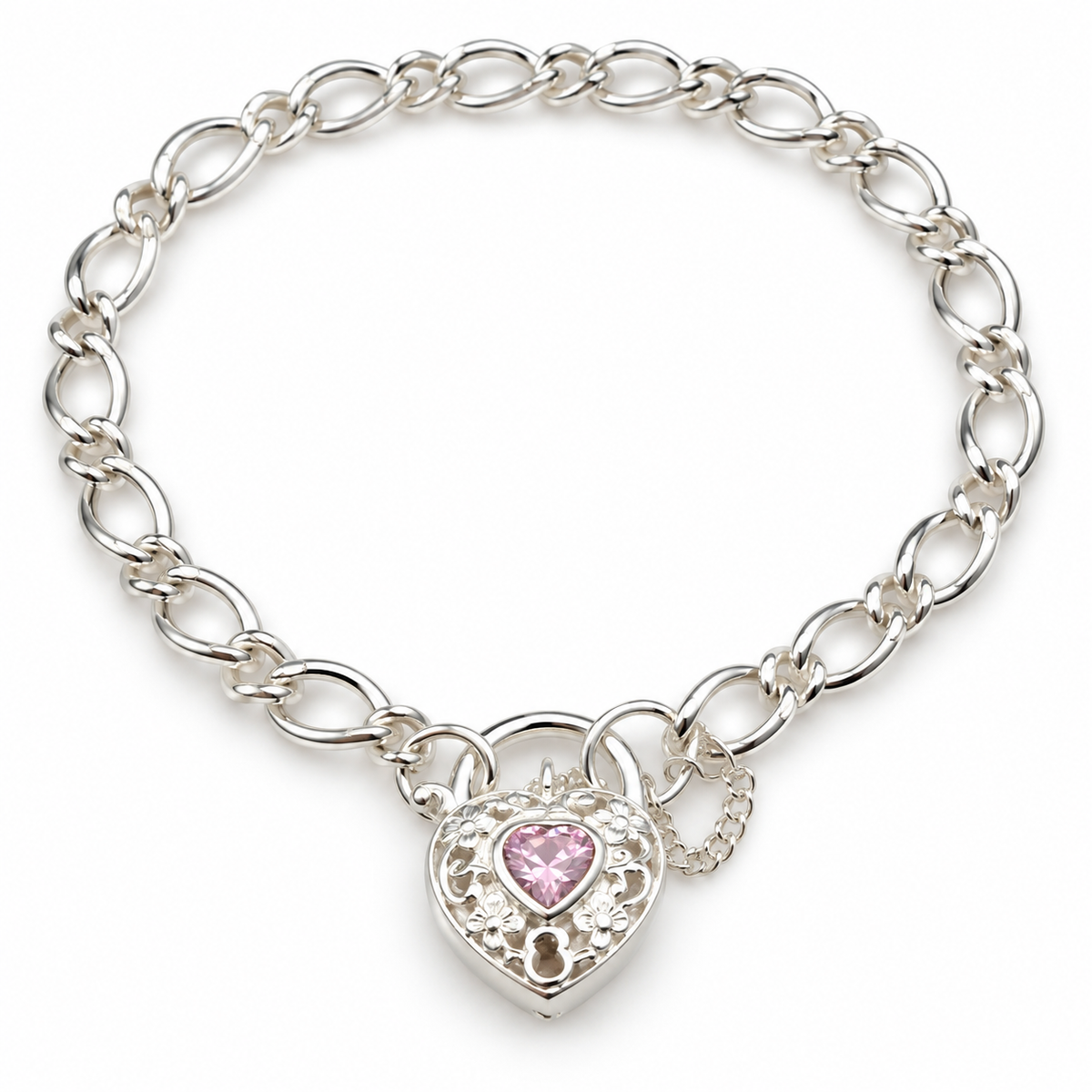 Sterling Silver 925 Heart Padlock (Pink CZ) Figaro Bracelet 19cm