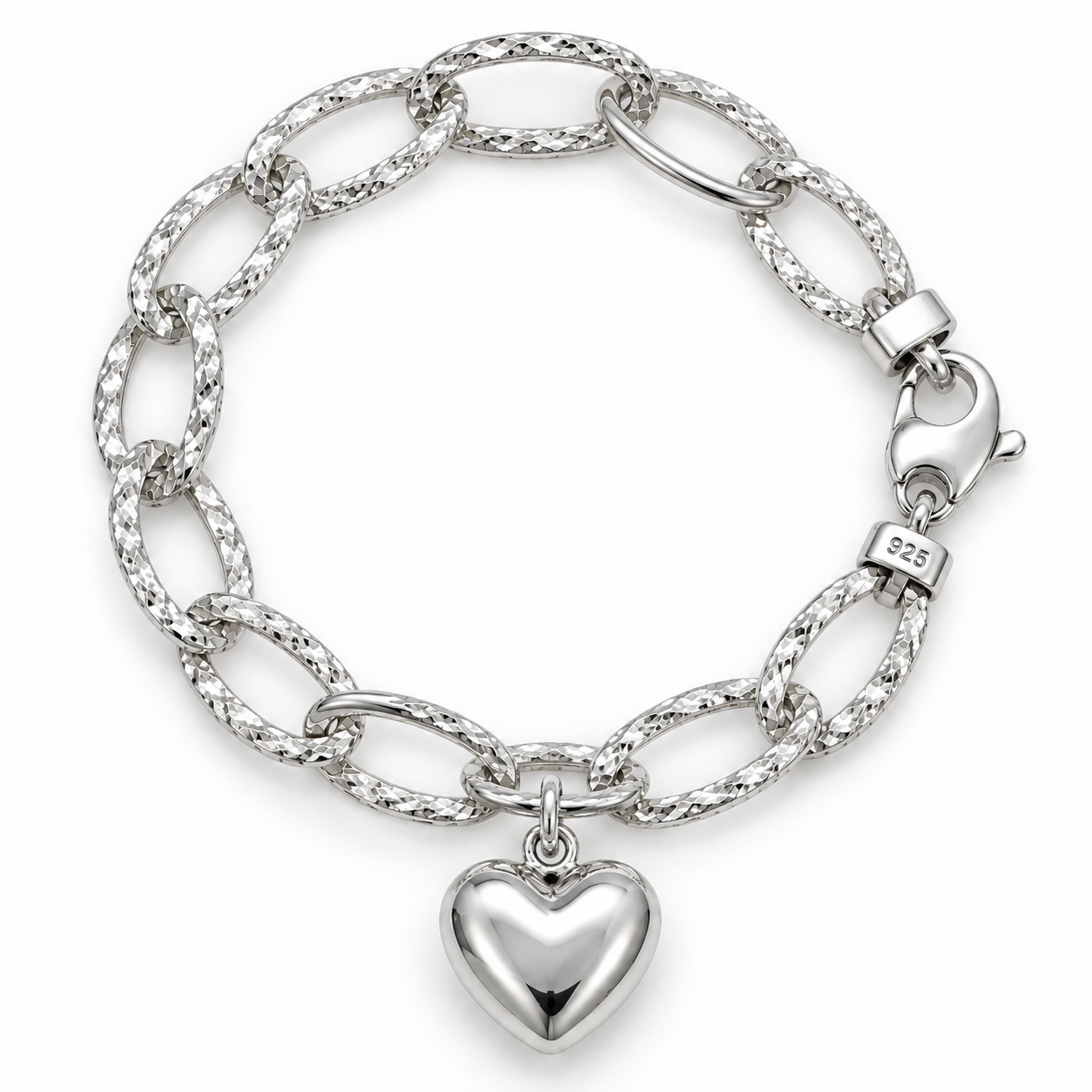 Sterling Silver 19cm Lightweight Bubble Heart Bracelet Paper Clip