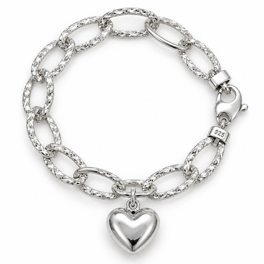 Sterling Silver 19cm Lightweight Bubble Heart Bracelet Paper Clip