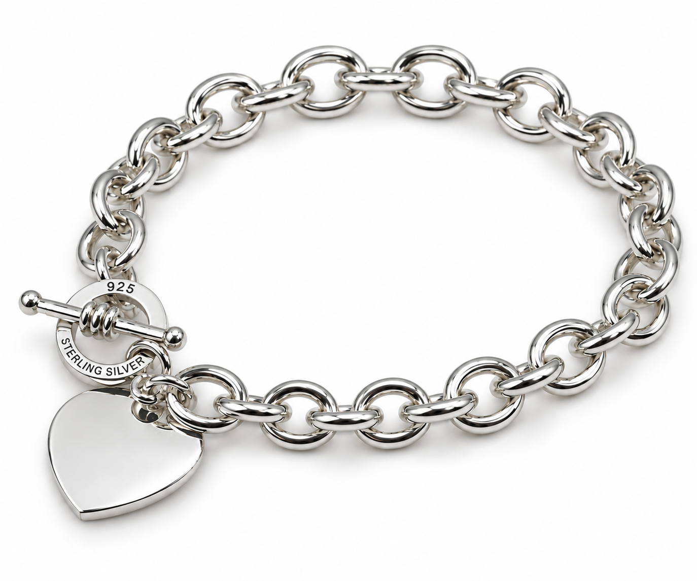Genuine 925 Sterling Silver Cable 21cm Bracelet with T Bar and Heart