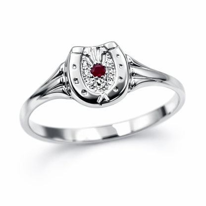 Sterling Silver 925 Small Lucky Horse Shoe Horseshoe Ring Set with Ruby