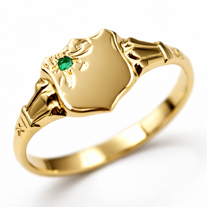 Genuine 9ct Small Yellow, Rose or White Gold Childs Emerald Shield Signet Ring - Choose your size
