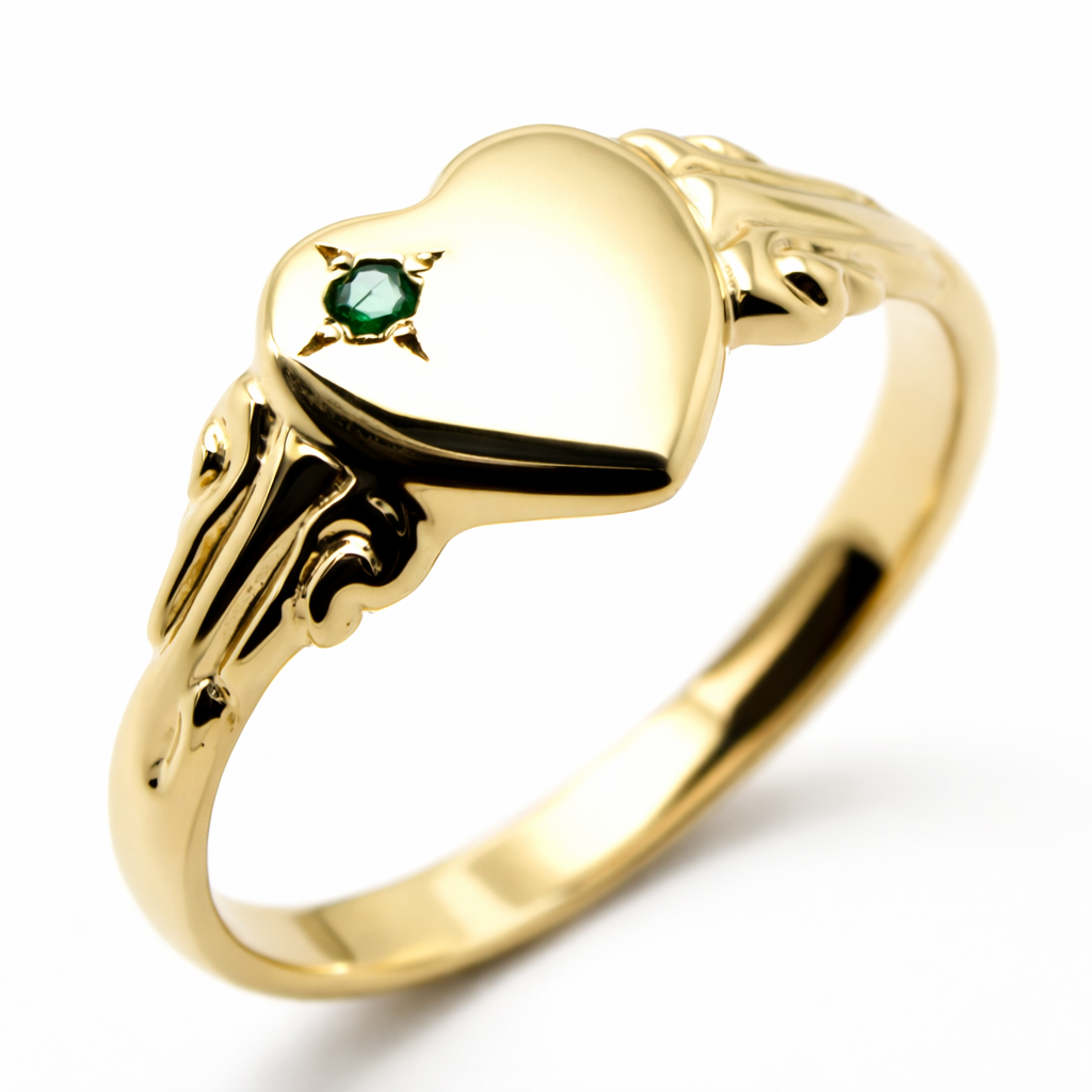 Genuine May Birthstone 9ct Solid Yellow, Rose or White Gold 375 Green Emerald Stone Heart Signet Ring