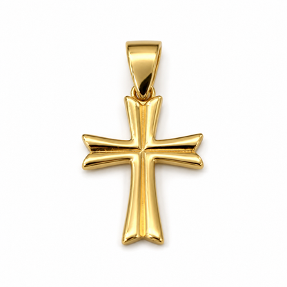 9ct yellow gold cross pendant with concave centre and pointed outer edges