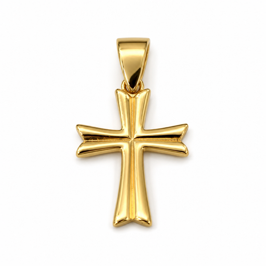 9ct yellow gold cross pendant with concave centre and pointed outer edges
