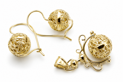 Genuine Solid 9K 9ct 375 Yellow, Rose or White Gold Filigree Spinner Pendant & Earrings Set