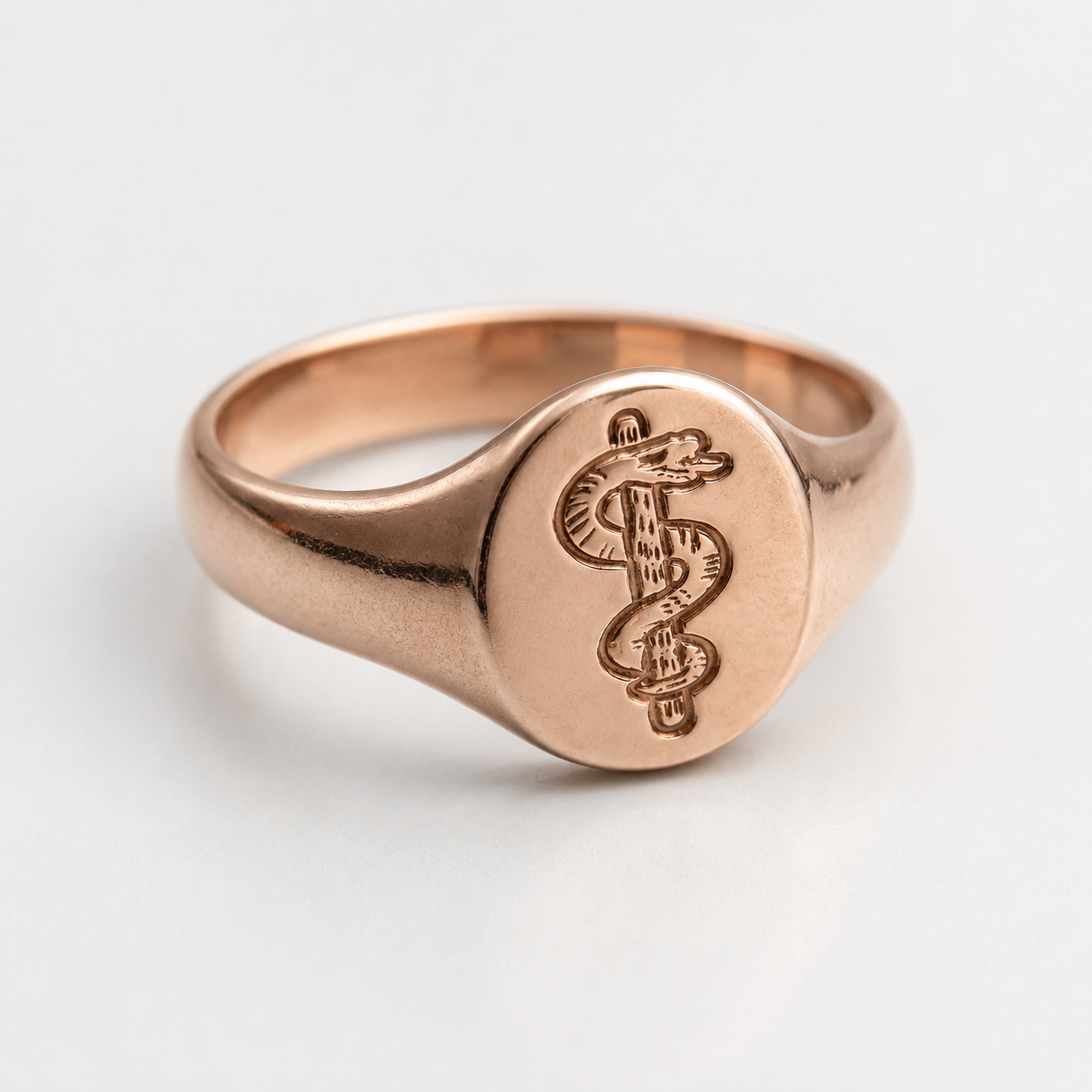 Genuine 9ct 9K 375 Yellow Gold Oval Signet Ring Engraved Rod of Asclepius - Choose your size