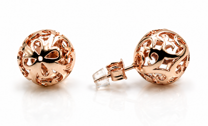 Genuine 9ct 9K 375 Solid Yellow, Rose or White Gold 10mm, 12mm or 14mm Filigree Stud Ball Earrings