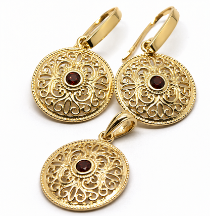 Kaedesigns Genuine 9K 9ct 375 Yellow, Rose or White Gold Filigree Ruby Pendant & Earrings Set
