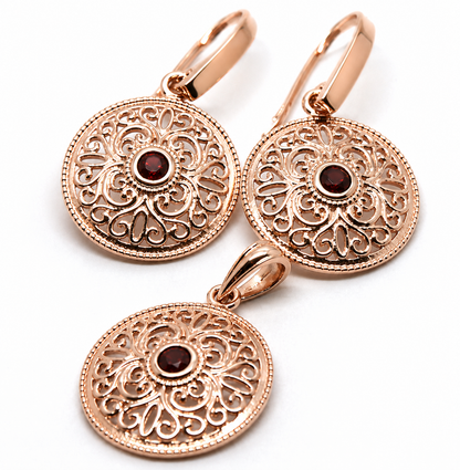 Kaedesigns Genuine 9K 9ct 375 Yellow, Rose or White Gold Filigree Ruby Pendant & Earrings Set