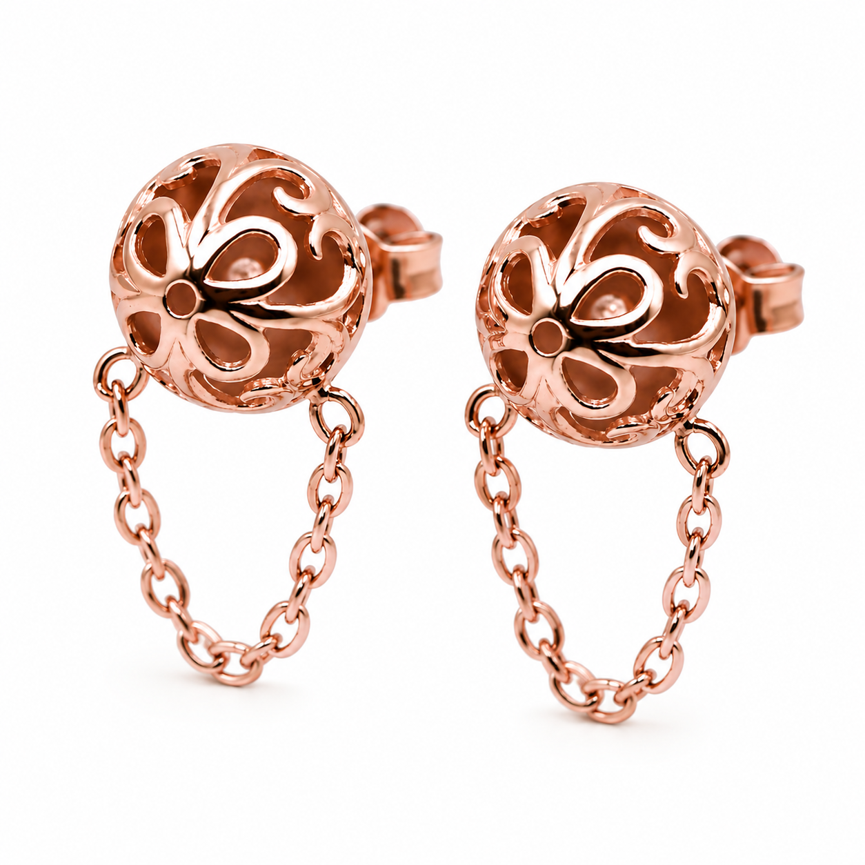 Genuine 9ct 9K 375 Yellow, Rose or White Gold 375 Half Ball 10mm Stud Filigree + Chain Earrings