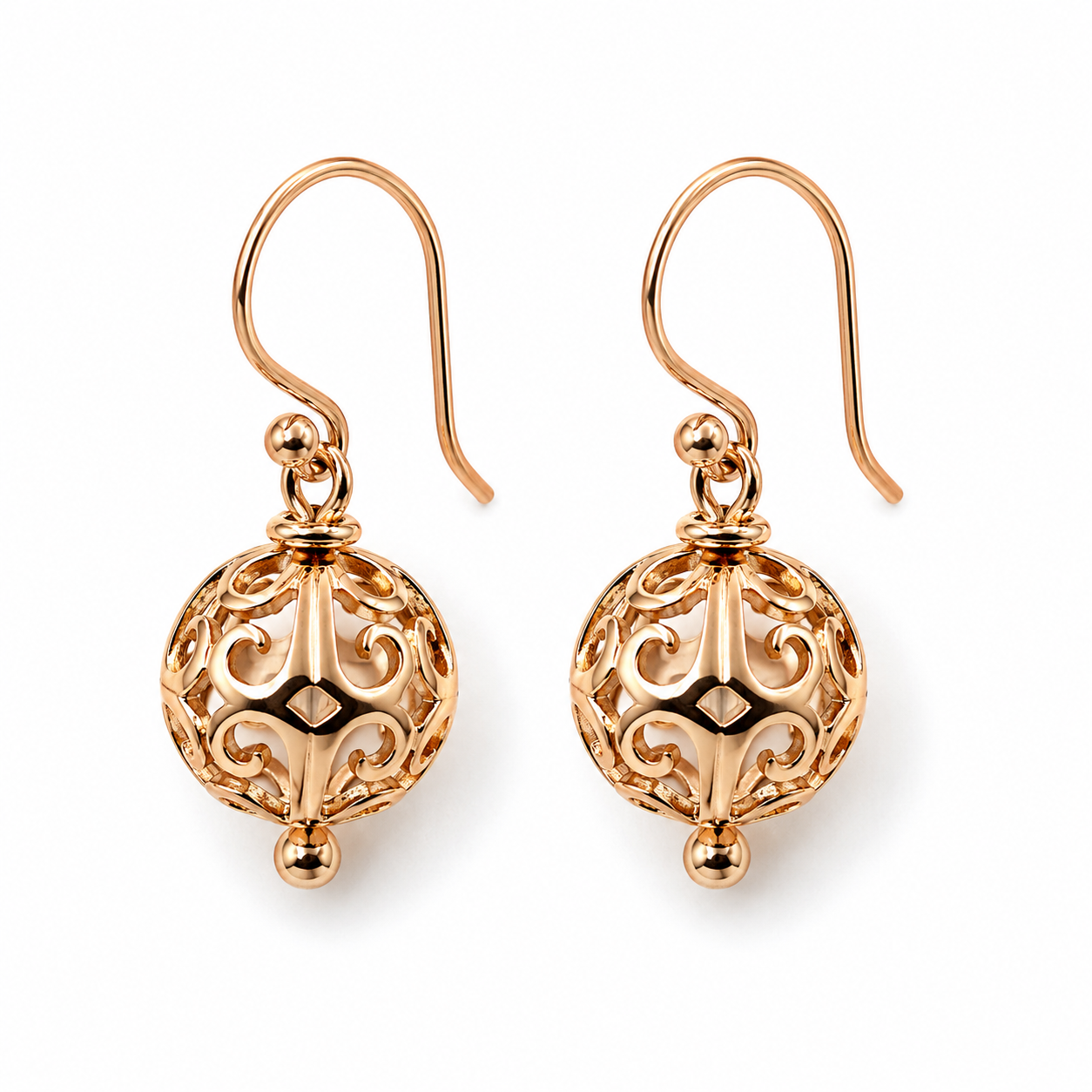 Kaedesigns, Genuine 9ct Yellow, Rose or White Gold 10mm Euro Ball Drop Filigree Earrings