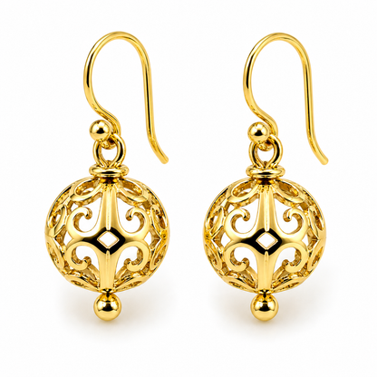 Kaedesigns, Genuine 9ct Yellow, Rose or White Gold 10mm Euro Ball Drop Filigree Earrings