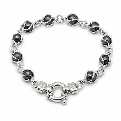 Genuine 9kt 9ct 375 Yellow, Rose or White Gold Bolt Ring Freshwater Black Pearl Bracelet