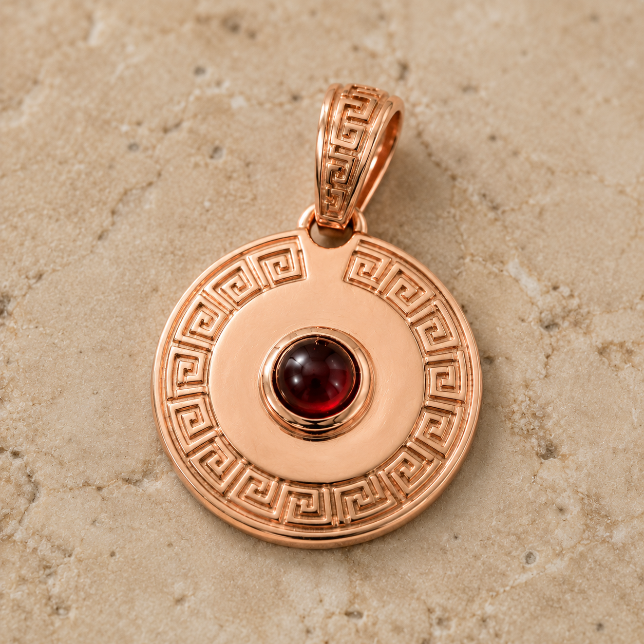 Genuine 9ct 9k 375 Yellow, Rose or White Gold Greek Key 4mm Cabochon Red Garnet 12mm Disc Round Circle Pendant