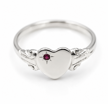 Kaedesigns Sterling Silver 925 Heart Pink Sapphire Set Signet Ring - Choose your size