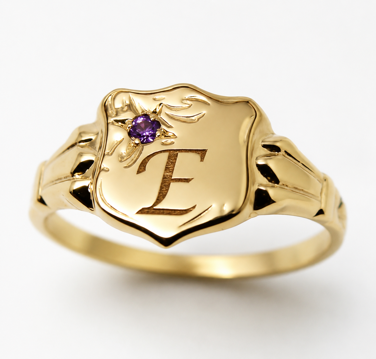 Genuine 9ct 9k 375 Small Yellow Gold Amethyst Shield Signet Ring + Engraving Of One Initial -  Choose your ring size -H to L