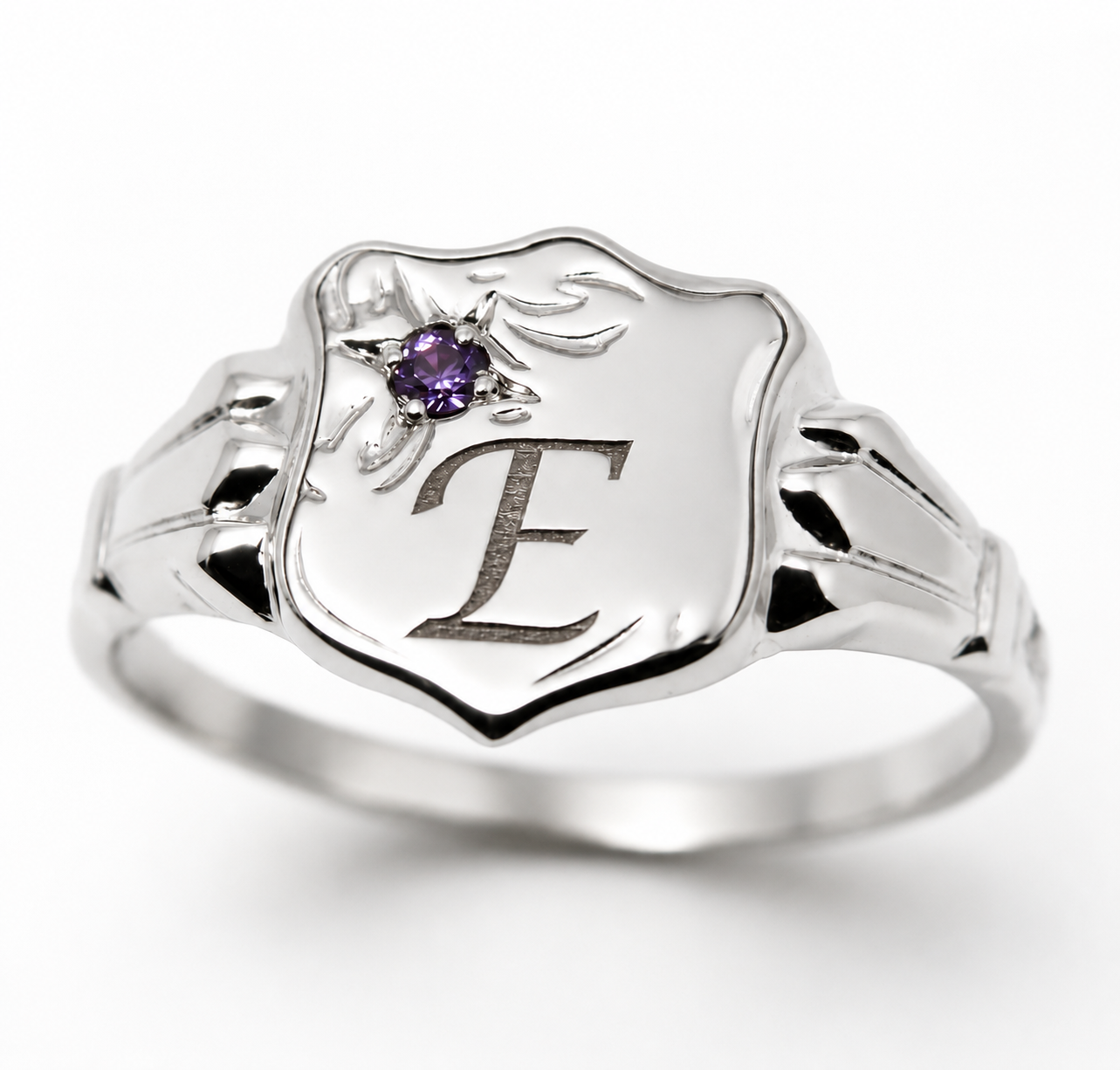 Genuine 9ct 9k 375 Small Yellow Gold Amethyst Shield Signet Ring + Engraving Of One Initial -  Choose your ring size -H to L