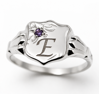 Genuine 9ct 9k 375 Small Yellow Gold Amethyst Shield Signet Ring + Engraving Of One Initial -  Choose your ring size -H to L