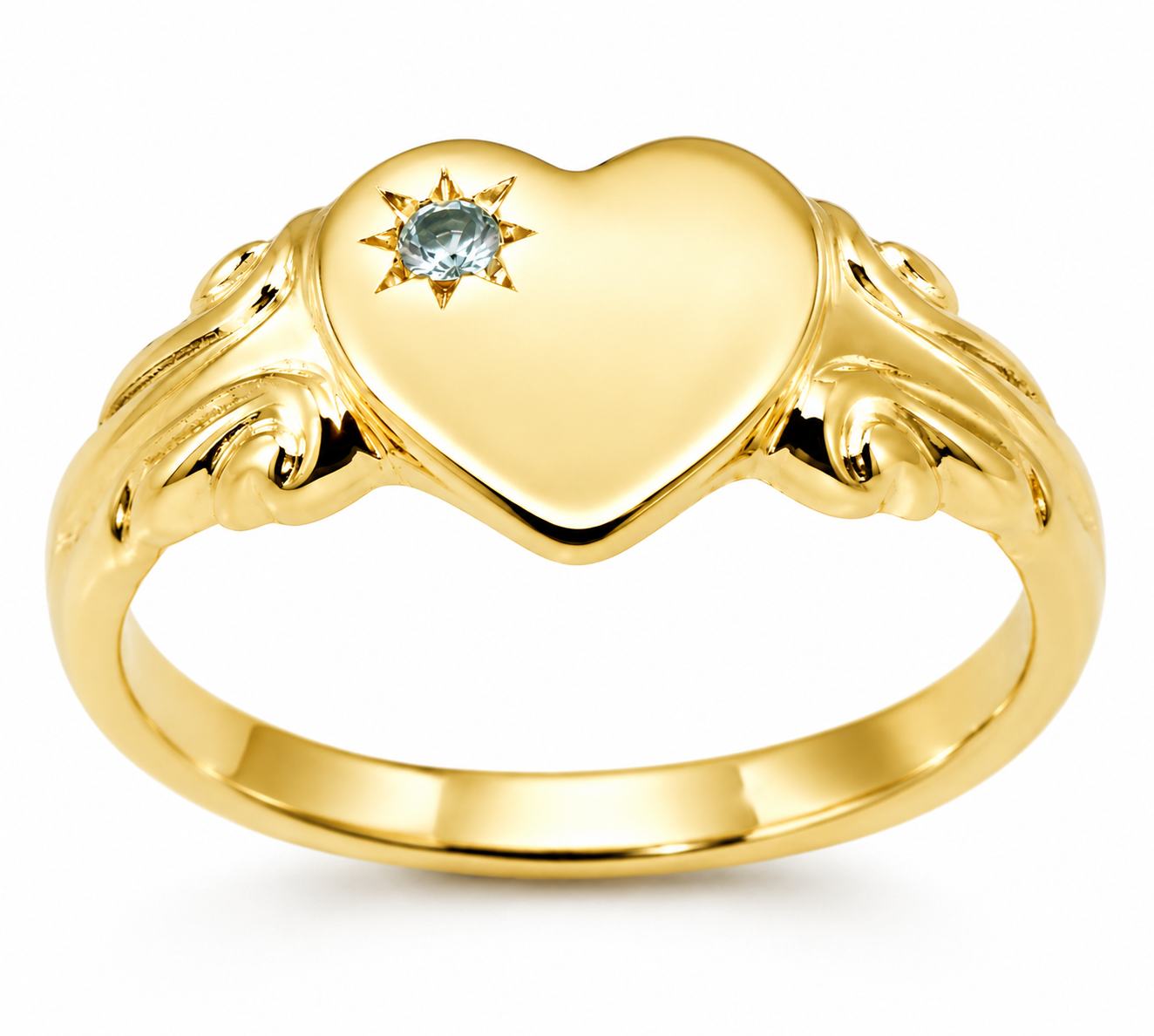 Genuine 9ct 9k 375 Yellow, Rose or White Gold Heart Blue Topaz November Birthstone Signet Ring- Choose your ring size H to P